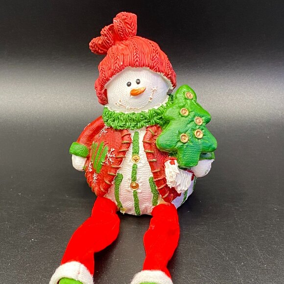 Christmas Snowman Figurine Shelf Sitter Red Sweater & Hat Green Scarf - Picture 3 of 11